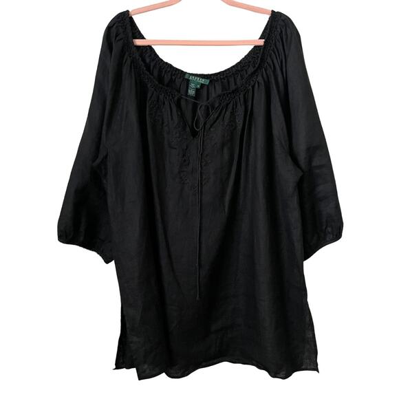 Lauren Ralph Lauren Top Womens 3X Black Linen Floral Embroidered Tunic Boho - Picture 1 of 11